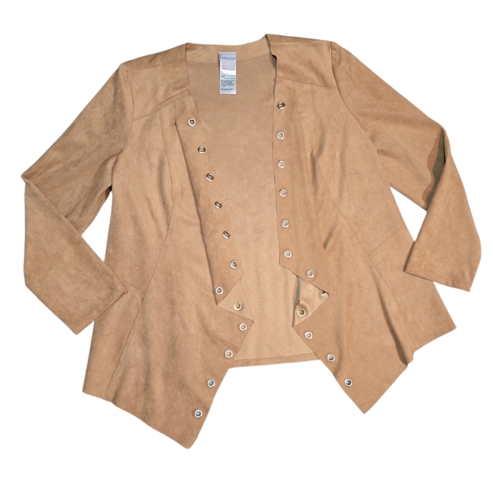 Chico's Faux Suede Drape Front Jacket With‎ Grommets Size Medium Petite Tan